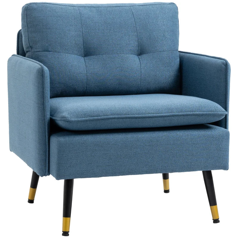 Modern Button Tufted Armchair with Cushions and Steel Legs - Dark Blue Accent Chair for Living Room or Guest Room