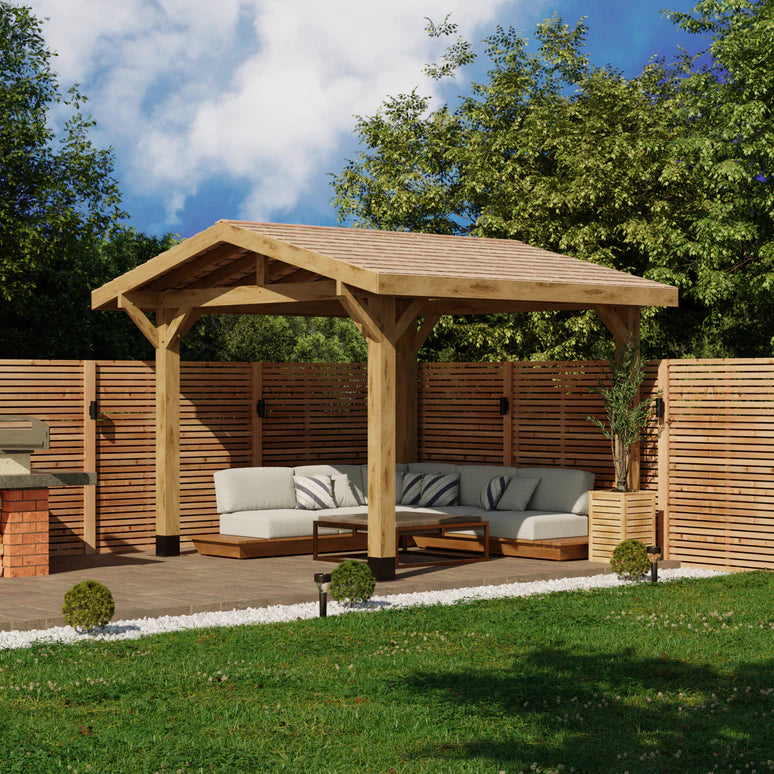 Ruby Oak Wooden Gazebo - Cedar Featheredge Roof - Apex Design - With Overhang