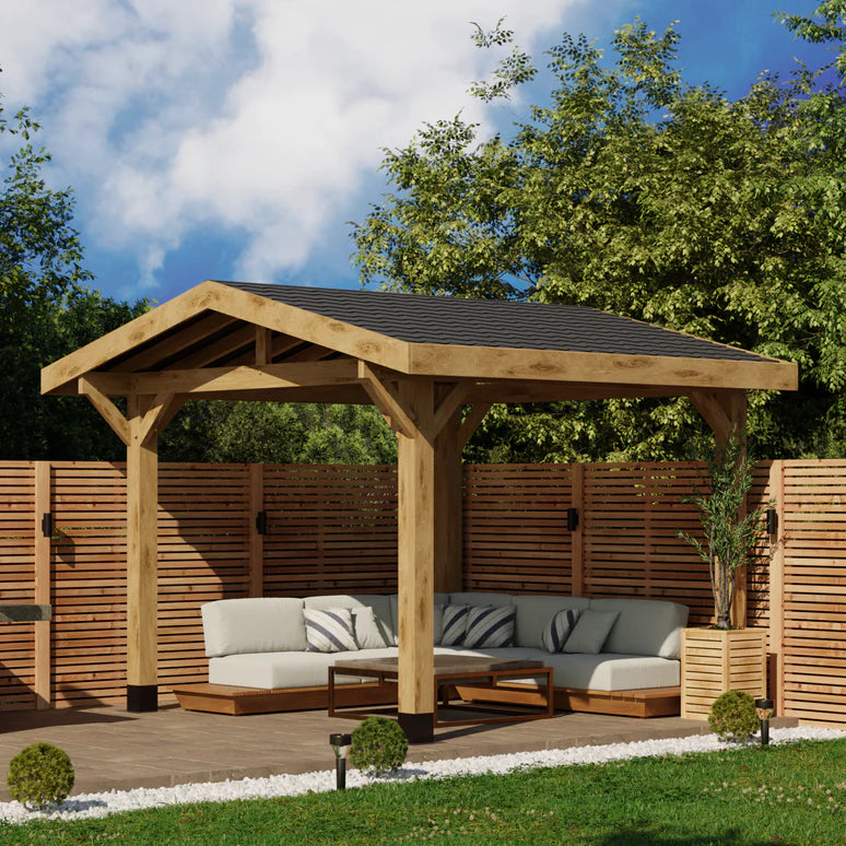 Ruby Oak Apex Gazebo with Katepal Black Shingle Roof and Overhang