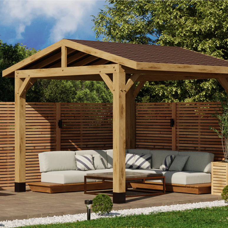 Ruby Oak Wooden Gazebo - Katepal Brown Shingle Roof - Apex Design - No Overhang