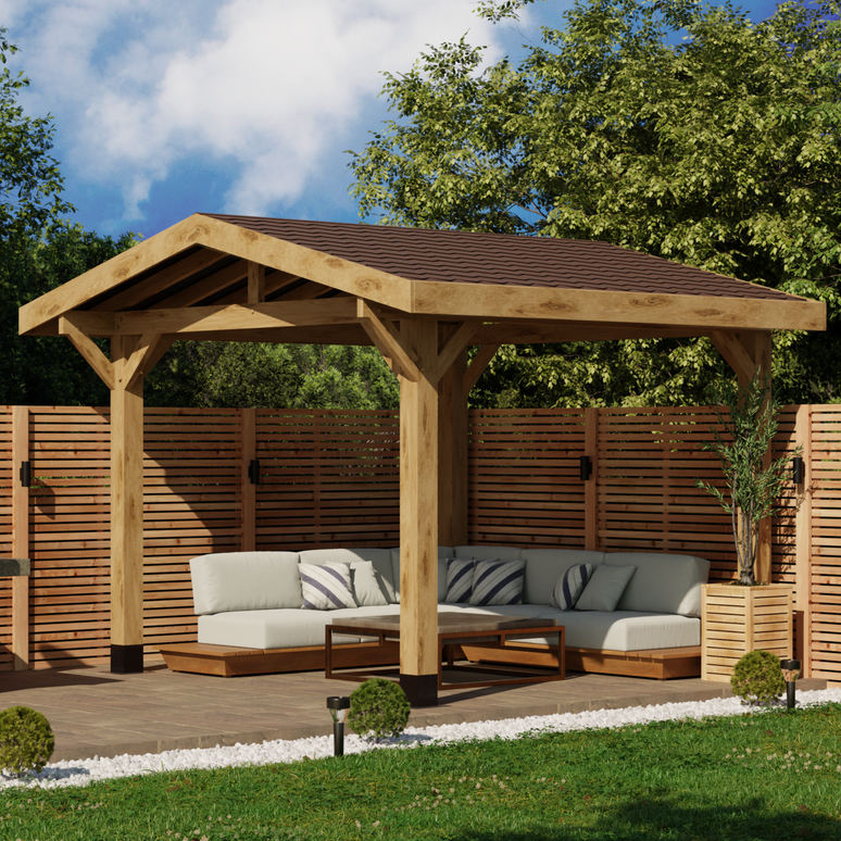 Ruby Oak Apex Gazebo with Katepal Brown Shingle Roof and Overhang