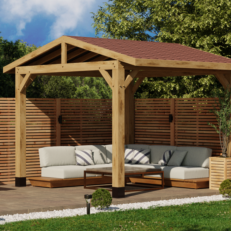 Ruby Oak Apex Gazebo with Katepal Red Shingle Roof – No Overhang Design