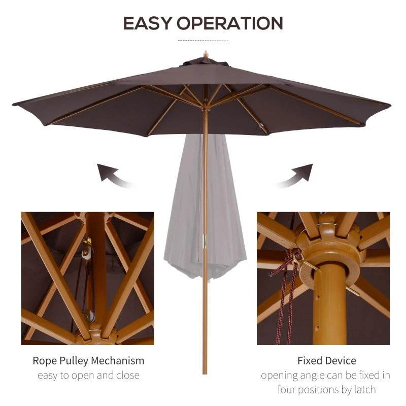 Wooden Coffee Garden Parasol with Pulley Mechanism