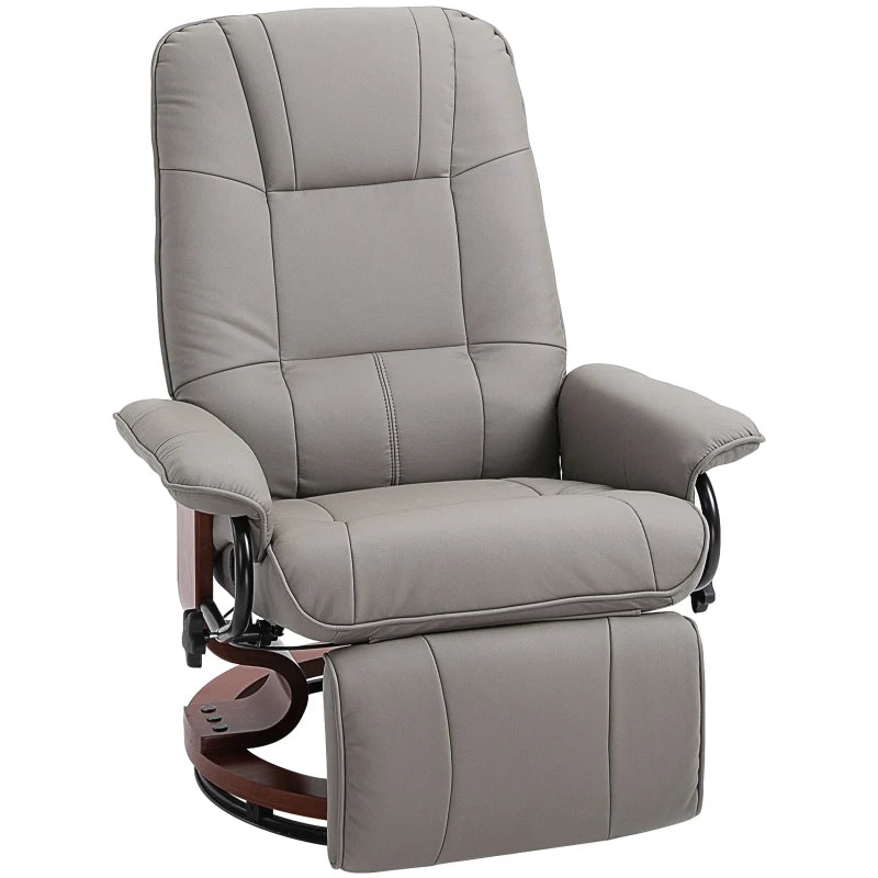 Grey Faux Leather Manual Recliner Armchair with Wooden Base for Living Room and Bedroom Comfort