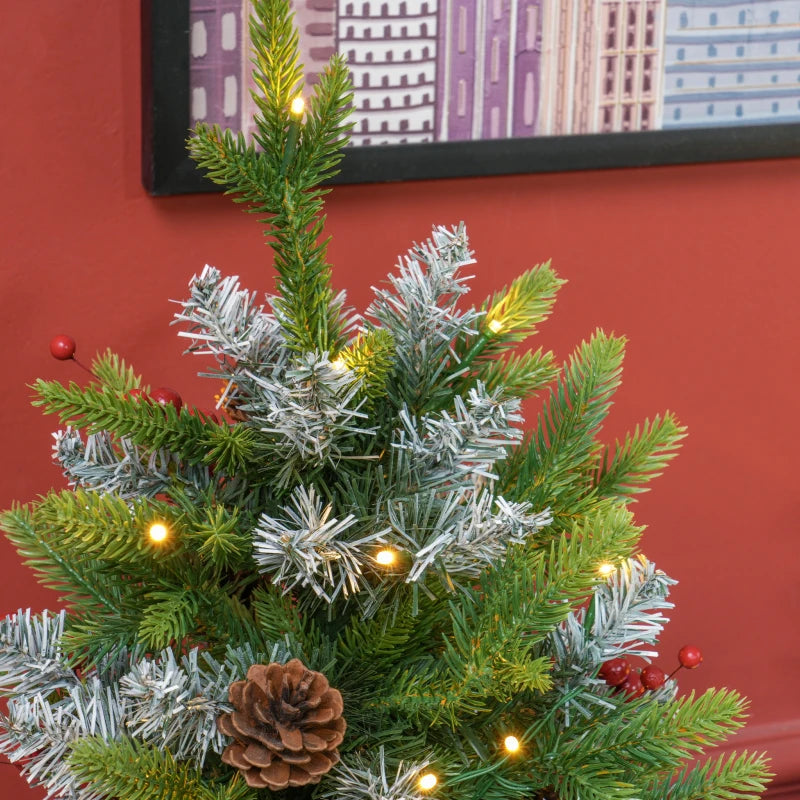 Set of 2 Mini 2ft Christmas Trees with Lights, Berries & Pinecones - Perfect Holiday Decor for Home & Office