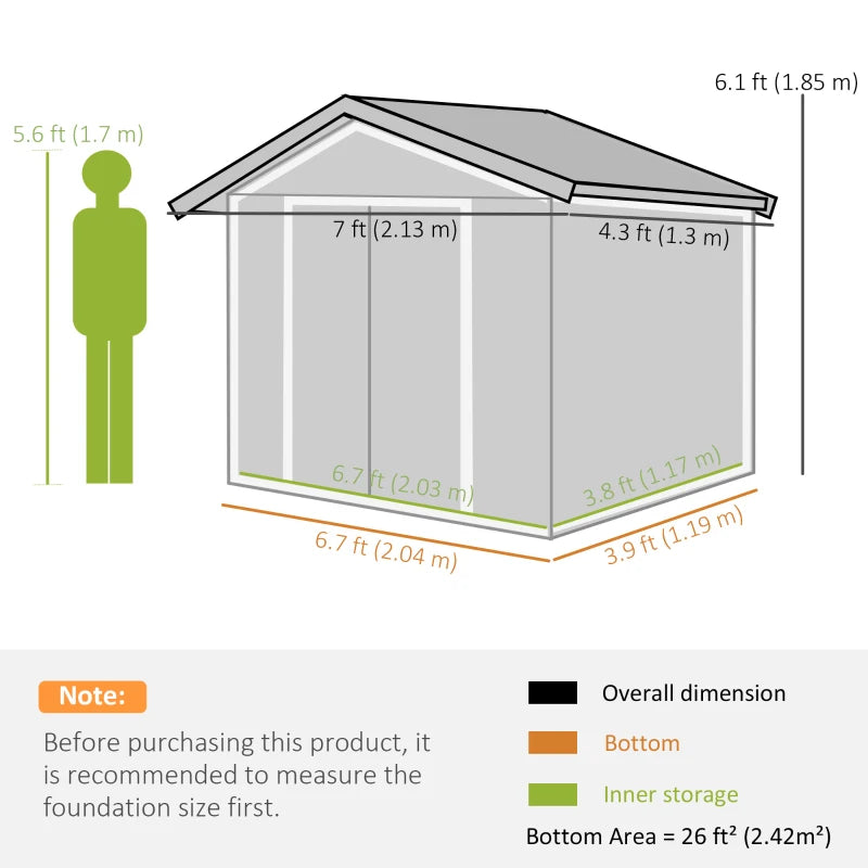 7ft x 4ft Light Brown Metal Storage Shed With Lockable Double Doors & Floor Foundation Kit