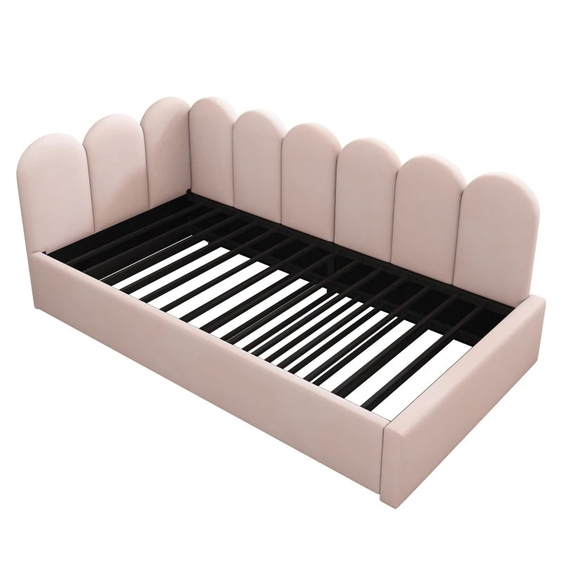 Pink Upholstered Daybed with Pull-Out Bed, 3FT Single Sofa Bed, Metal Slatted Frame, Easy Assembly, 193L x 97W x 76H cm