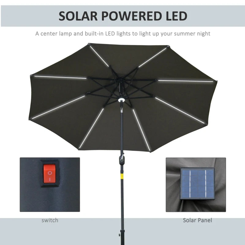 Grey Solar LED Garden Parasol - 2.7m Sun Umbrella