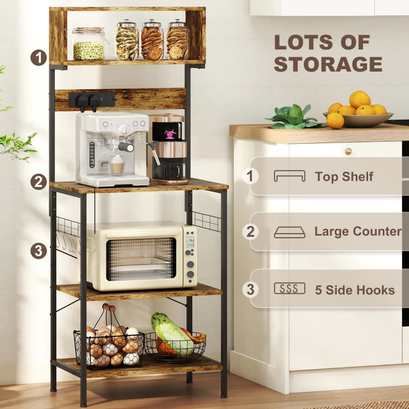 Rustic Brown Bakers Rack with Power Outlet & USB Charger - Adjustable Microwave Stand & Kitchen Storage Unit with 5 Hooks