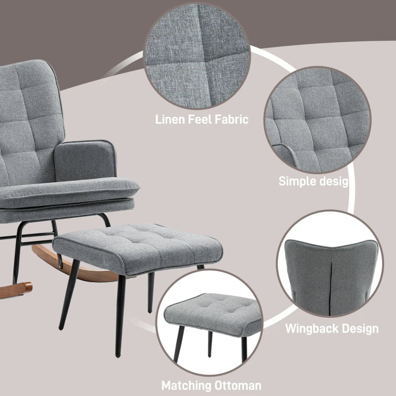 Stylish Grey Linen-Look Rocking Chair and Ottoman Set for Comfortable Relaxation