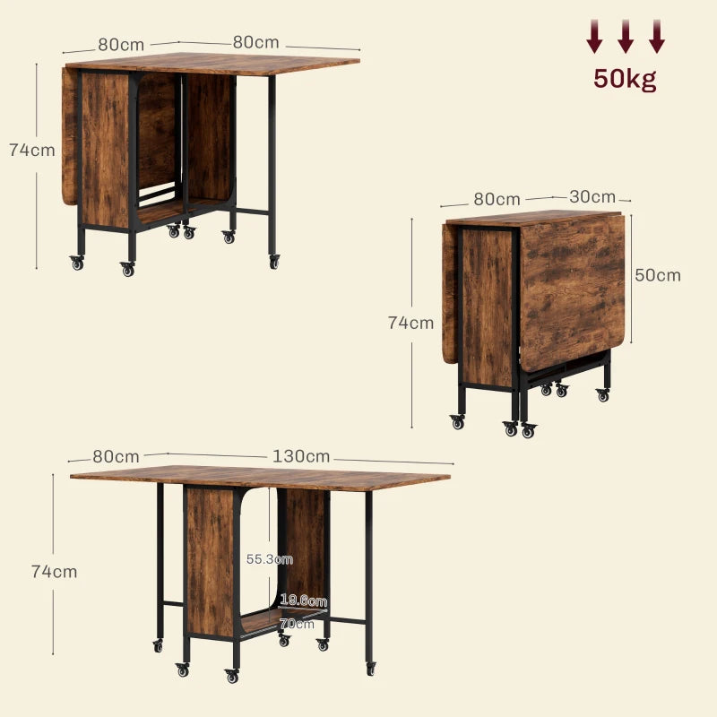 Rustic Brown and Black Six-Person Drop Leaf Dining Table - Space-Saving Design for Modern Homes