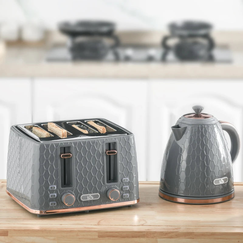 1.7L 3000W Fast Boil Kettle & 4 Slice Toaster Set - Grey, 7 Browning Controls, Crumb Tray, Kitchen Essentials