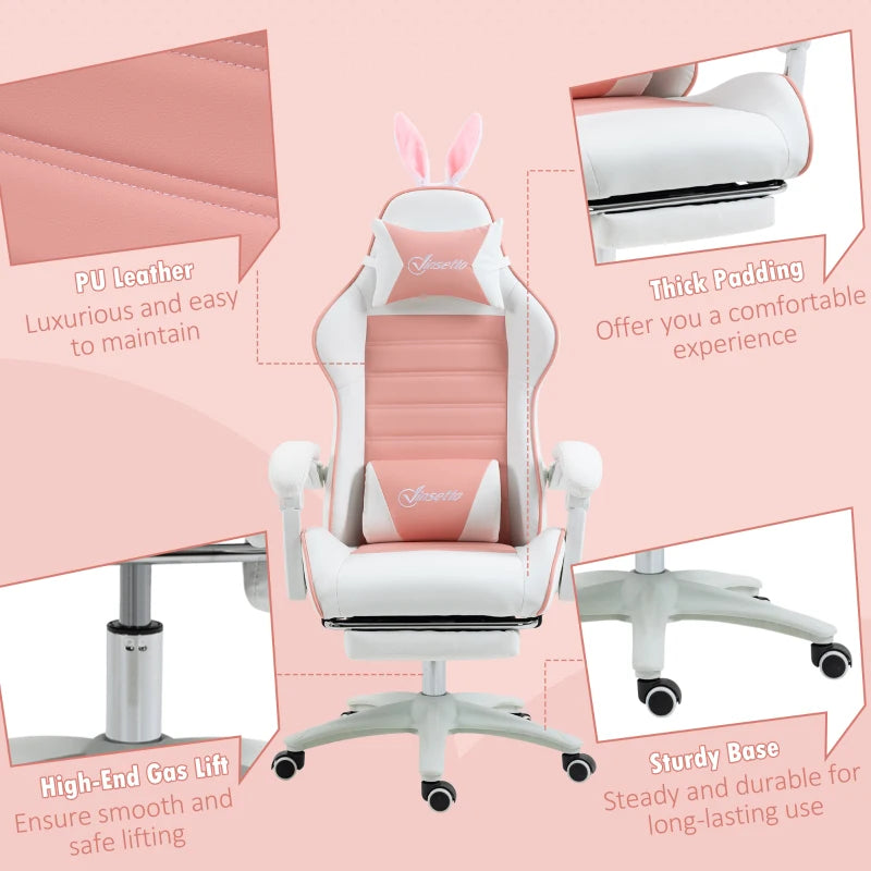 Vinsetto Pink Racing Gaming Chair - Reclining PU Leather, Removable Rabbit Ears, Footrest, Headrest & Lumbar Support