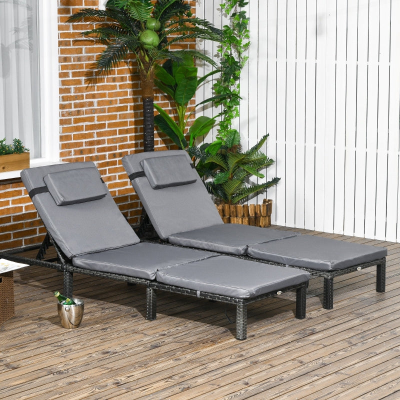 Grey Rattan Reclining Sun Loungers Set with Cushions Pack