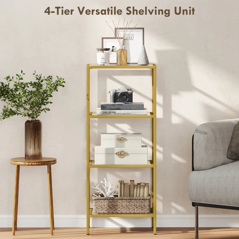 Elegant 4-Tier Glass Shelving Unit - Vertical Storage for Living Room, Home Office, Bedroom & Bathroom - Gold Tone Design