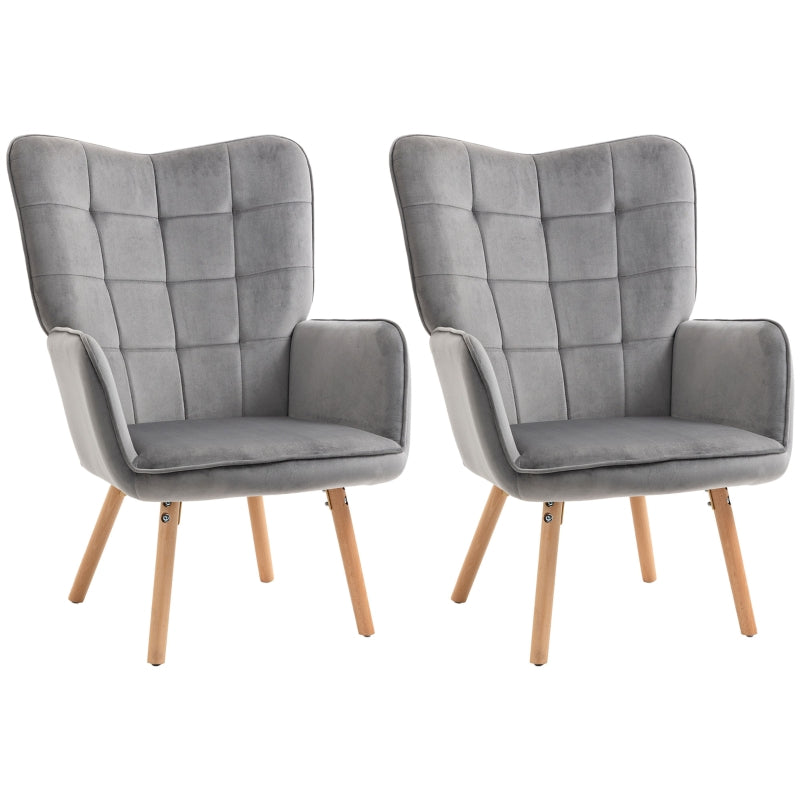 Stylish Velvet-Touch Tufted Wingback Armchair Set of 2 for Modern Lounge and Leisure Spaces in Grey