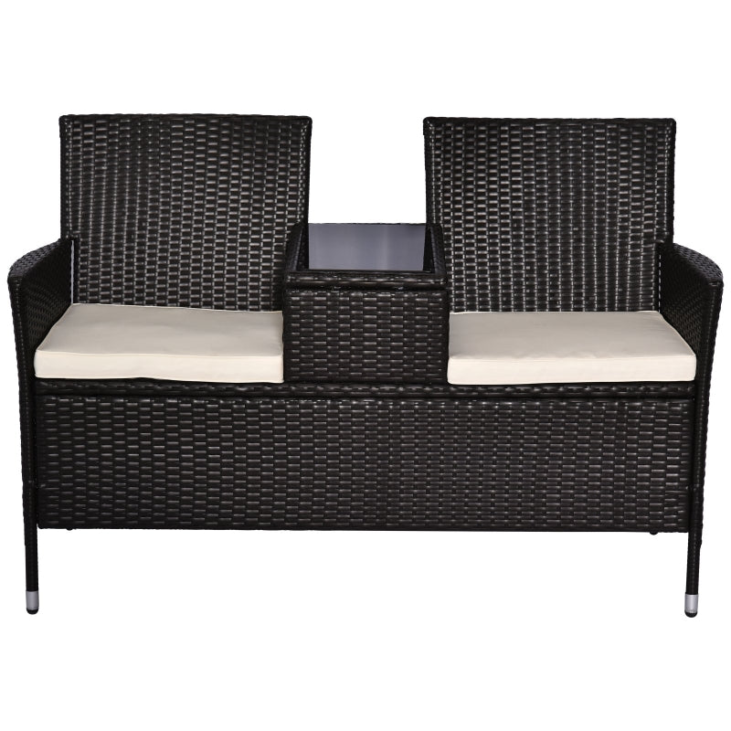 Dark Brown Rattan 2-Seater Outdoor Patio Loveseat with Drink Table