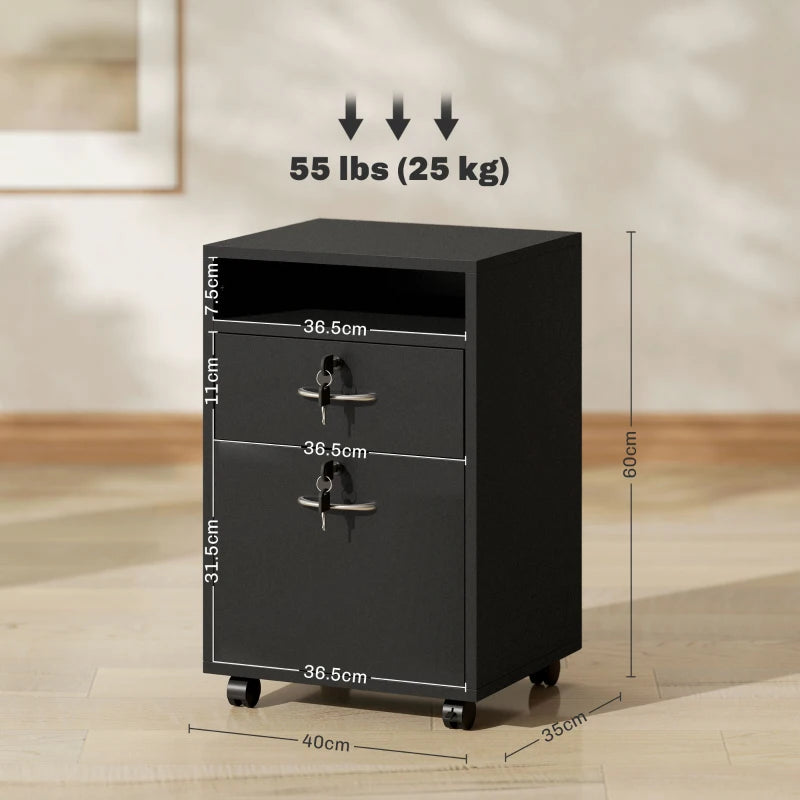60cm Mobile Filing Cabinet with Drawer & Open Shelf, 4 Wheels, Metal Handles, 2 Locks - Black Office Organizer