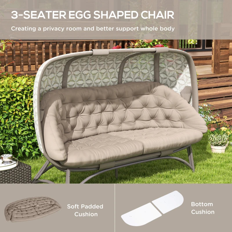 Sand Brown Folding Outdoor Egg Chair, 3 Seater Garden Furniture with Flower Pattern