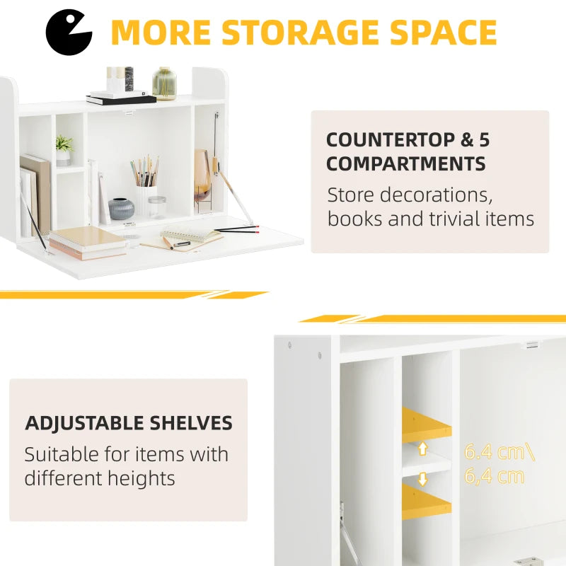 Wall Mounted Drop Leaf Laptop Desk with Storage - Space Saving Home Office Table, 77cm x 20cm x 51cm, White
