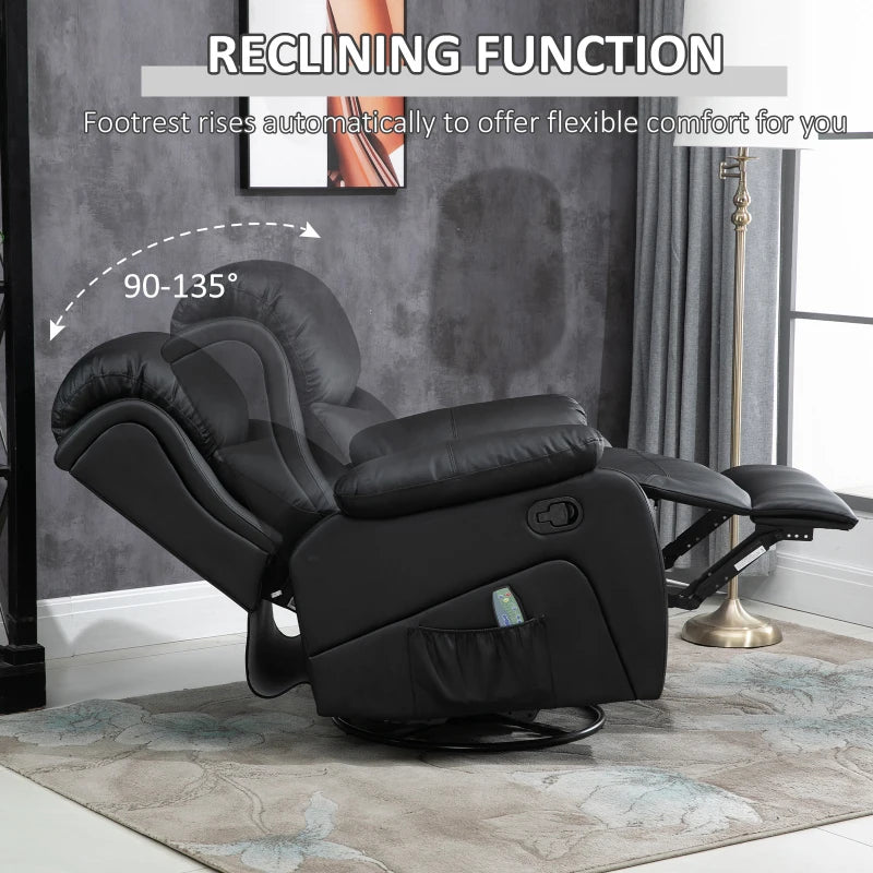 Reclining PU Leather Massage Chair with 8 Points and Heat, Manual Swivel Base, Footrest and Remote Control, Black