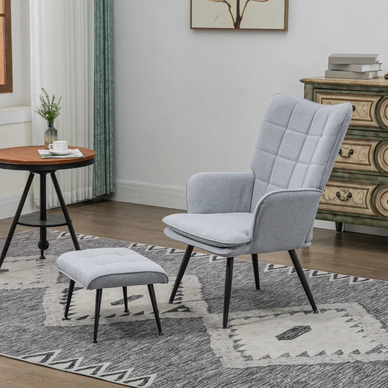 Light Grey Linen Accent Armchair with Footstool for Living Room, Bedroom, and Home Study