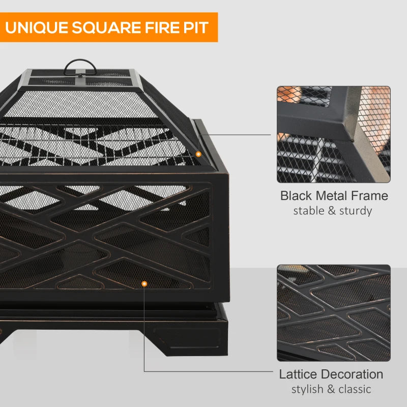 Black Square Fire Pit with Grill Shelf and Lid