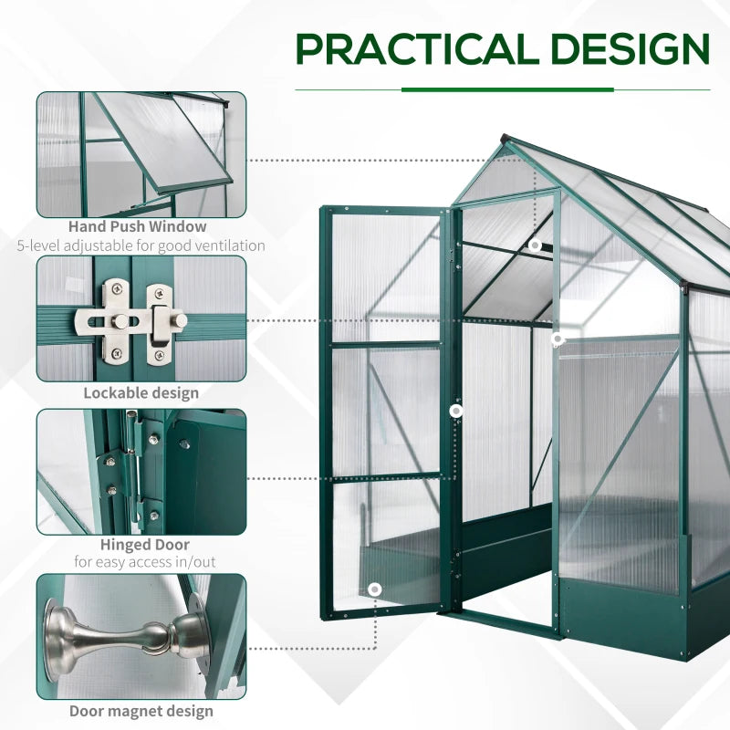 Green Polycarbonate Garden Greenhouse with Plant Bed, 6x6ft