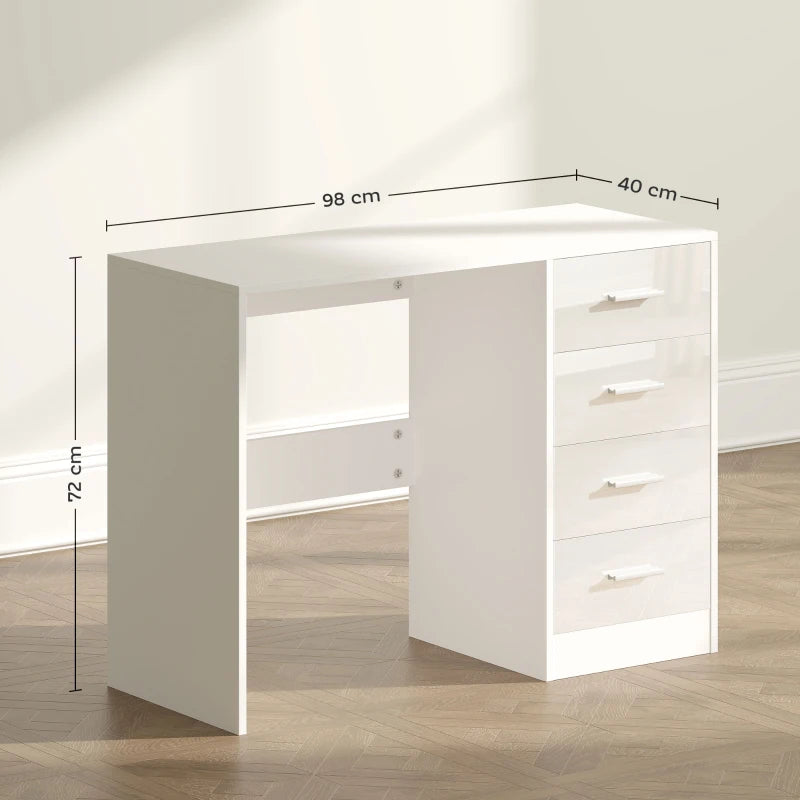 Modern White Computer Desk with Drawers - High Gloss Home Office Writing Workstation & Stylish Dressing Table