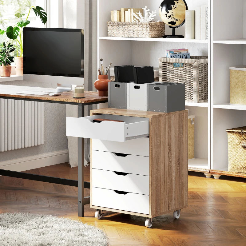 Vinsetto Oak Brown Five-Drawer Filing Cabinet on Wheels - Stylish Storage Solution for Home Office & Workspace