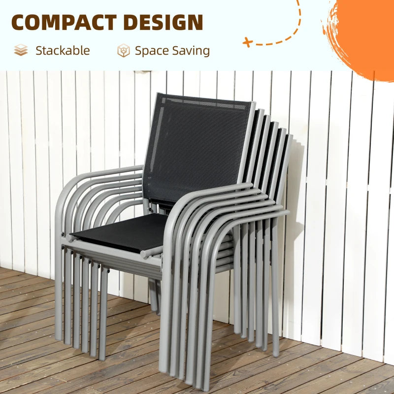 7 Piece Outdoor Garden Dining Set with Table and 6 Stackable Chairs Steel Frame Tempered Glass Top