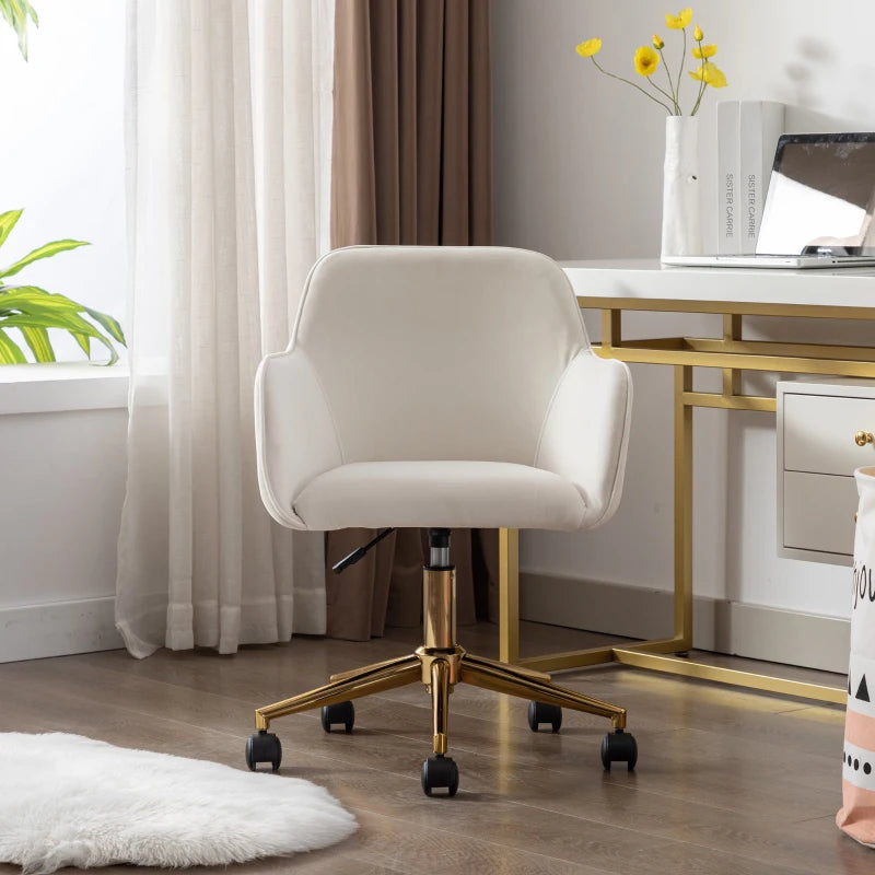 Ivory Velvet Adjustable Height Swivel Executive Office Chair with Gold Legs & Ergonomic Backrest - 58x58x86 cm