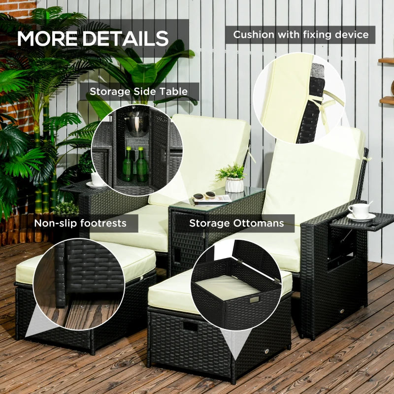 Black 5PC Rattan Sun Lounger Set with Adjustable Recliner and Storage Table