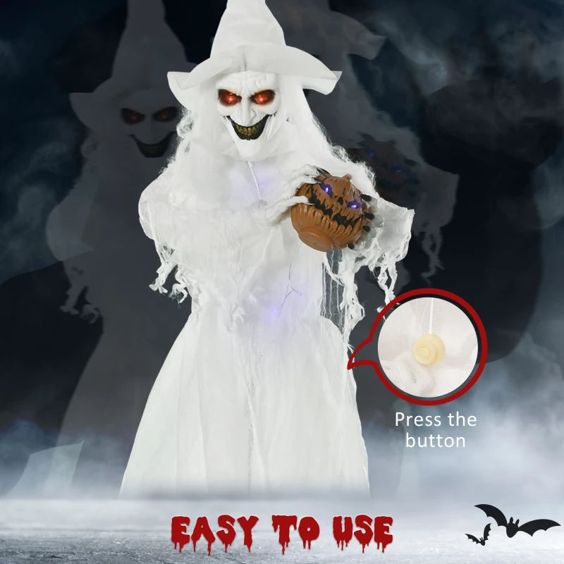 74" Halloween Decorations - Life Size White Witch Holding Pumpkin Head & Skeleton Ghost Prop with Light Up Eyes
