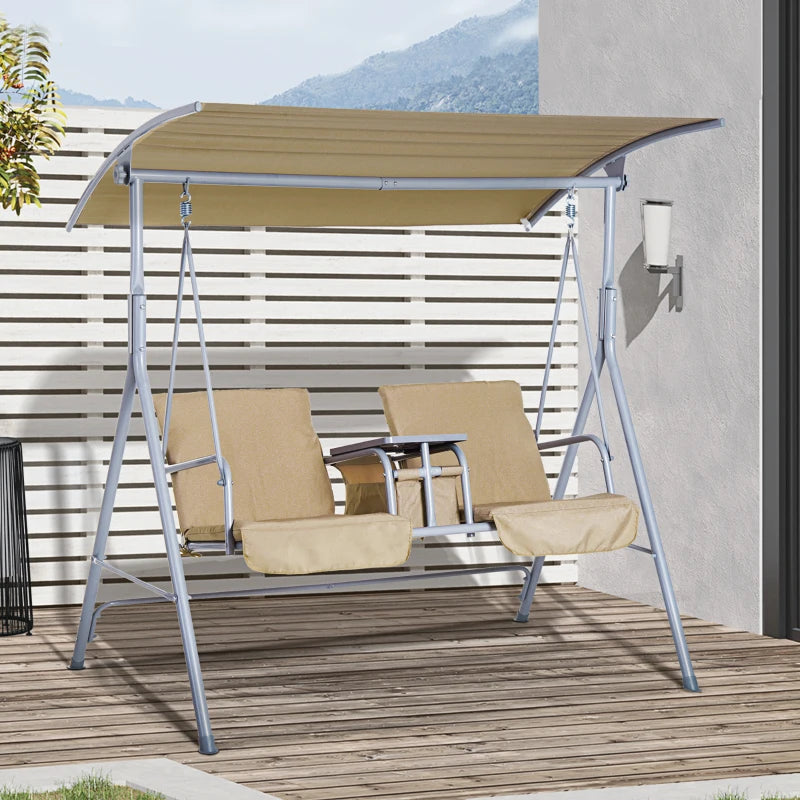 Beige 2 Seater Patio Swing Chair with Tilting Canopy and Storage