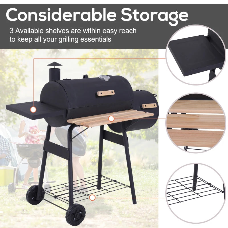 Portable Charcoal BBQ Grill, Cold-Rolled Steel & Solid Wood, Black, 104x124x53 cm