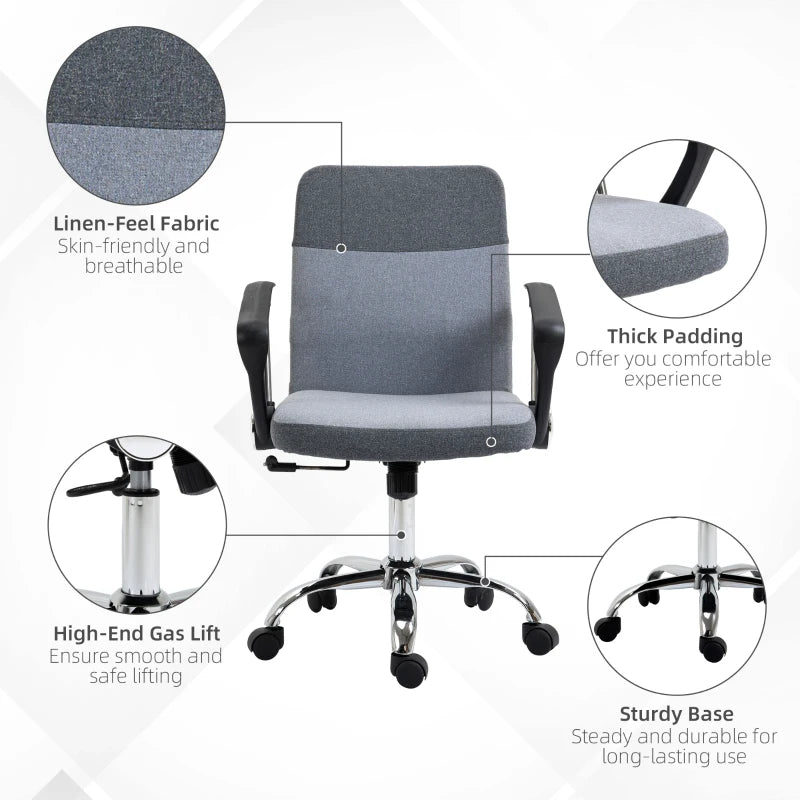 Vinsetto Grey Linen Fabric Swivel Office Chair - Adjustable Computer Desk Chair with Wheels for Home Study