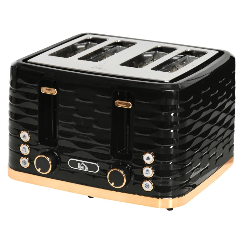 Premium Four-Slice Rippled Toaster in Black - Stylish Design, Fast Toasting, Perfect for Family Breakfasts
