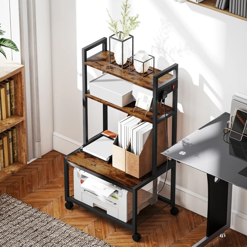 Rustic Brown 4-Tier Printer Stand with Power Outlets & Wheels - Mobile Office Storage Solution