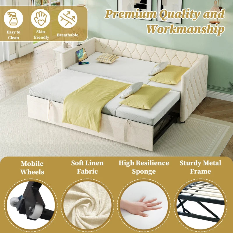 Upholstered Daybed with USB & Type-C Charging Station, Button-Tufted Sofa Bed for Compact Rooms, Beige, 206L x 193W x 71H cm