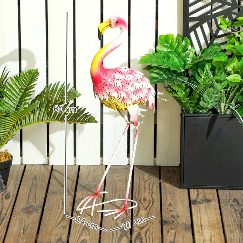 Pink Flamingo Garden Statue - Metal Bird Art Outdoor Sculpture with Ground Stakes for Decoration