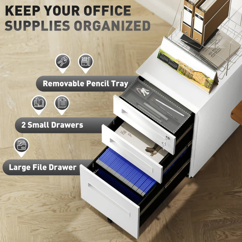 Vinsetto White Three-Drawer Steel Filing Cabinet - Modern Office Storage Solution for Organizing Documents and Files