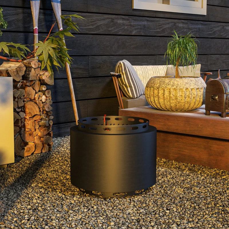 Portable Smokeless Fire Pit 48.5cm - Black Metal Wood Burning Firepit with Poker for Garden, Camping & Bonfire Parties