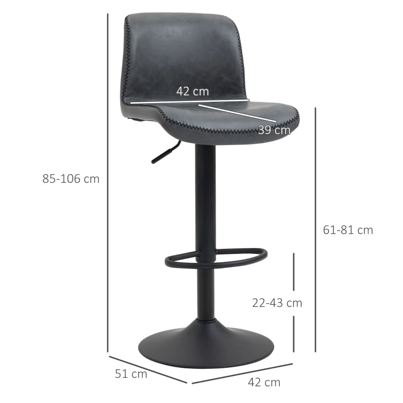 Set of 2 Dark Grey PU Leather Bar Stools with Backrest & Footrest for Kitchen, Counter & Breakfast Bar