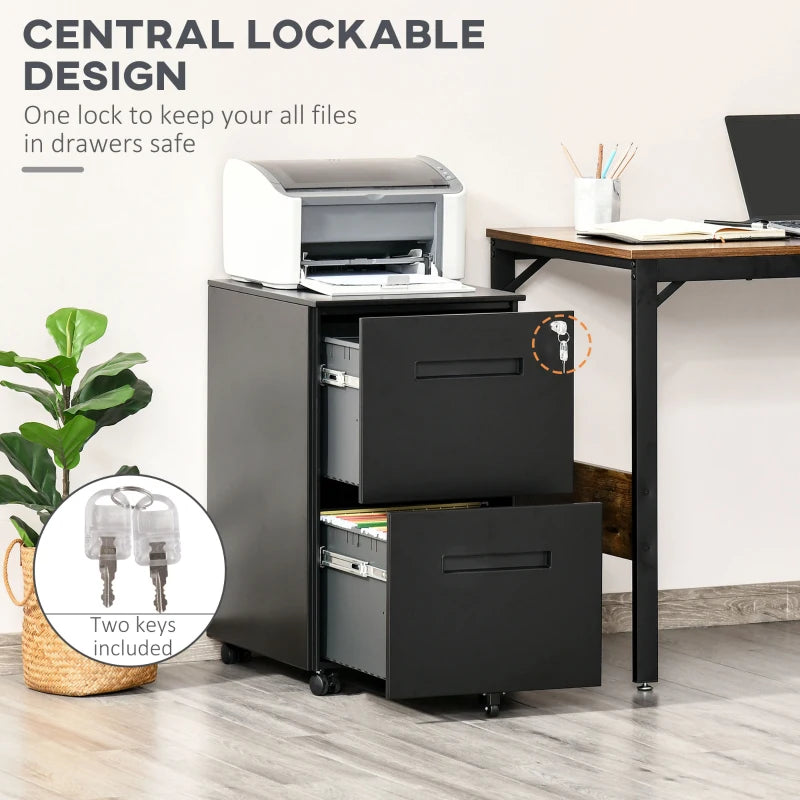 Vinsetto Lockable Metal Mobile File Cabinet with Wheels - 2 Drawer Compact Under Desk Storage for A4 & Legal Files, Black