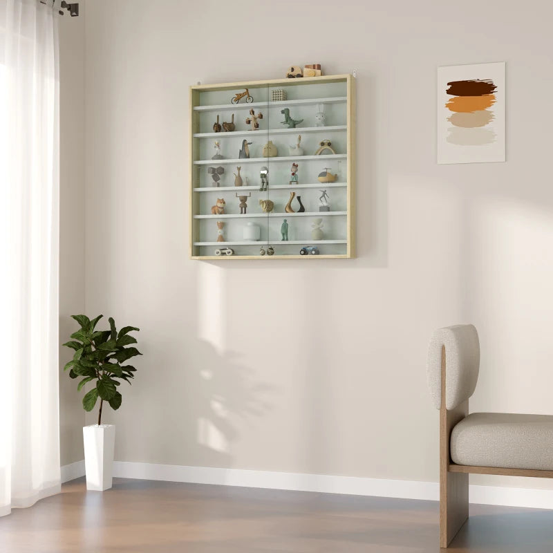 7-Tier Oak Wall Display Shelf Unit with Glass Doors & 6 Adjustable Shelves for Home Office Ornaments - 83x80cm