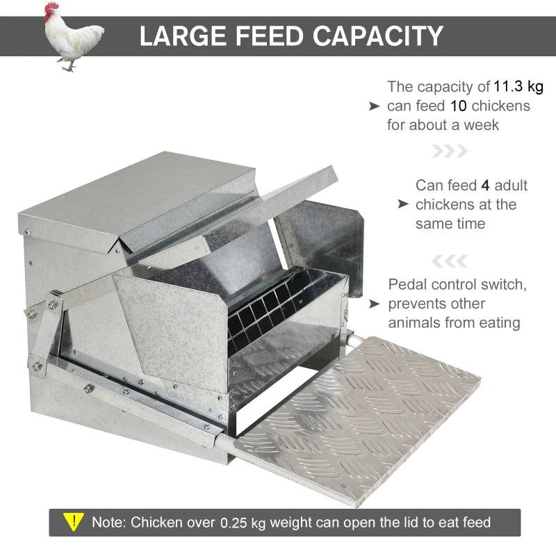 11.5KG Automatic Chicken Feeder - Rat Proof Treadle Design, Self-Opening, Durable Galvanized Steel & Aluminium Construction