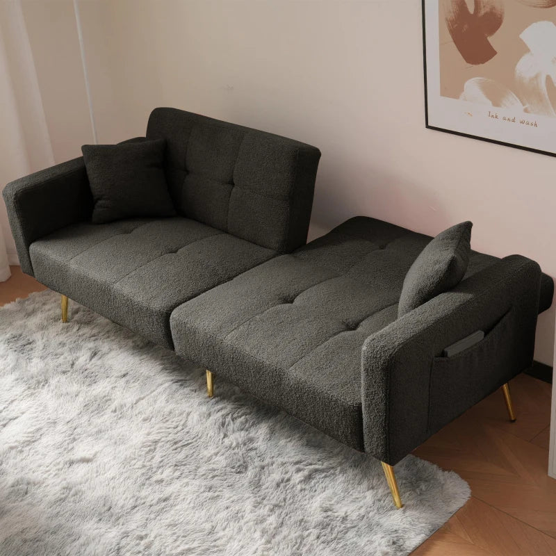 Stylish Modern Loveseat Sofa Bed with Adjustable Backrest, Gold Legs, and Side Storage Pockets in Dark Grey