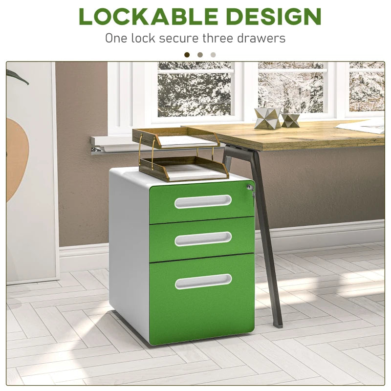 Vinsetto Lockable 3 Drawer Filing Cabinet on Wheels - Steel File Storage for A4, Letter, Legal Files - Green