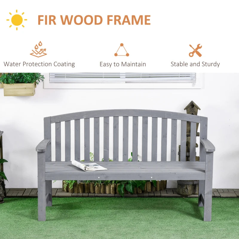 Grey 2-Seater Wooden Garden Bench with Armrest, Outdoor Furniture for Park & Balcony